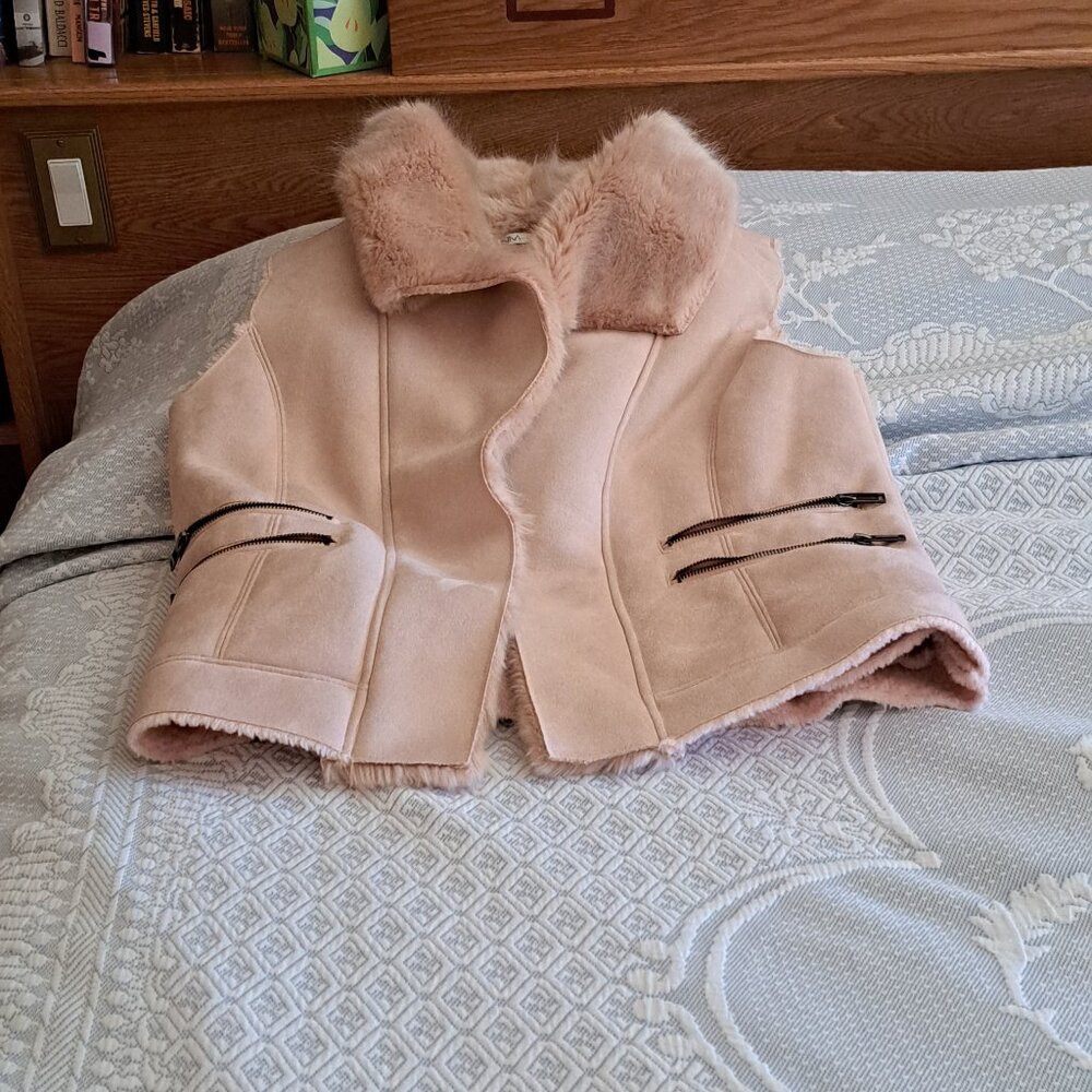 Leather vest, pink, faux shearling lining
